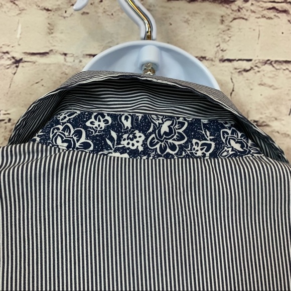 Susan Graver Navy Striped Button Front Contrast Floral Trim Long Sleeve Shirt - Picture 6 of 14